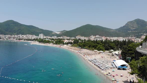 Aerial View of Beach in Budva City, Montenegro. Balkans, Adriatic Sea, Europe