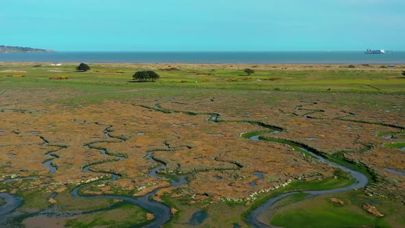 Aerial view over textured Irish landscape. alt
