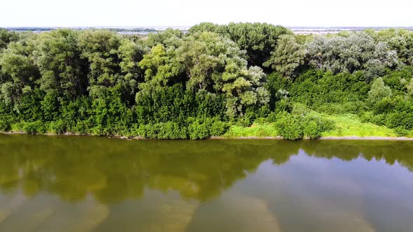 Beautiful river with green trees on the shore. Big sand dunes under transparent water alt