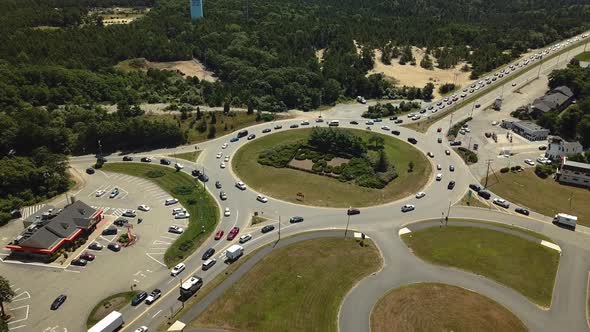 Roundabout traffic on the ring before entering the Bourne Bridge over the Cape Cod Canal.