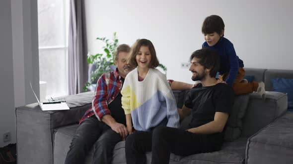 Happy Family Have Fun and Spends Time Together  Grandpa Son and Kids alt