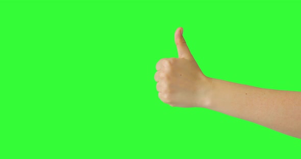 Isolated Woman Hand Showing Thumbs Up or Like Sign Symbol, Green Screen, Body Language alt