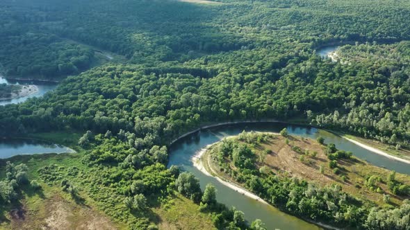 Aerial View of Winding River in Forest alt