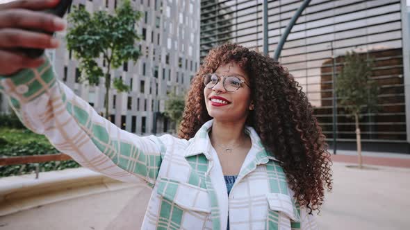 Portrait of Attractive Curly Hairstyle Dark Skin Lady Make Selfie Photo alt