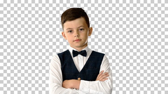 Confident young boy in bow tie and vest, Alpha Channel alt
