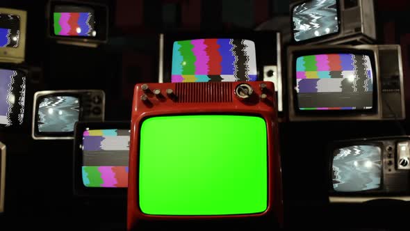 Pile of Retro TVs with Green Screen, Glitch Effect and Color Bars. Zoom Out. alt