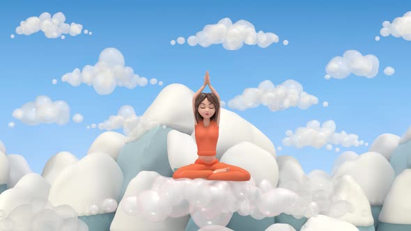 A girl in the clouds in a yoga pose against the background of the sky and mountains alt