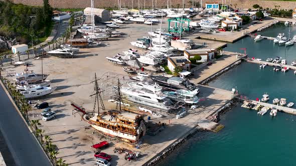 Yachts in the port aerial view 4 K Alanya Turkey alt