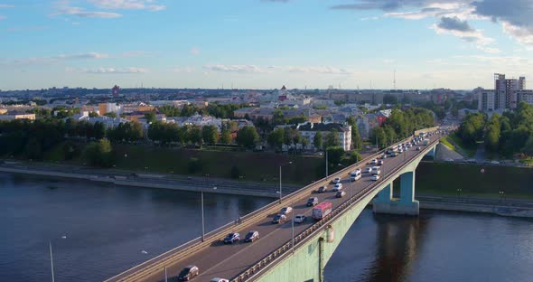 Cars Traffic Over the Bridge Across the River