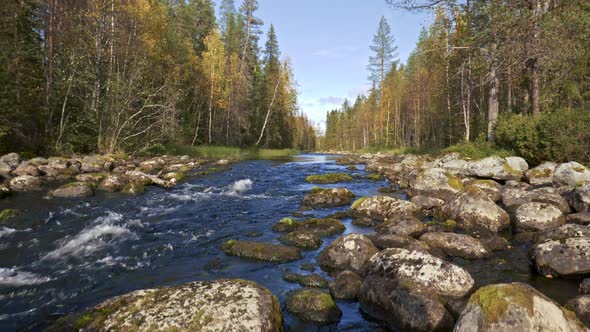 River Flows in Oulanka National Park, Finland. Gimbal Shot,  alt
