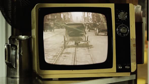 Historic Film of San Francisco in 1906 on a Retro Television. alt
