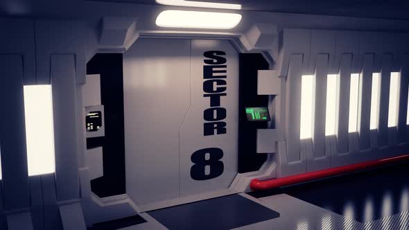 Interior of the spaceship. Futuristic corridor with the sliding door module.