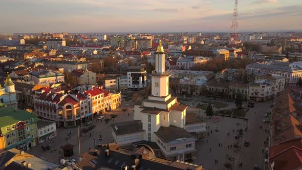 Aerial Sunset View of the Center of Ivano Frankivsk City Ukraine alt