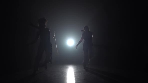 Professional Dancers Practicing Capoeira in Darkness Against Spotlight in Studio. Slow Motion alt
