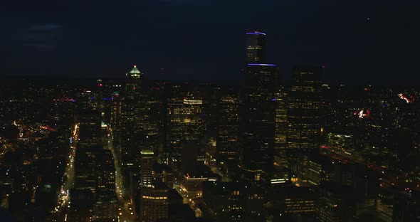 Seattle Washington Dark Night Aerial Looking North Through Office Towers Downtown Streets alt