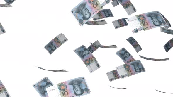 10 Chinese Yuan bills falling down. Banknotes isolated on white background. alt
