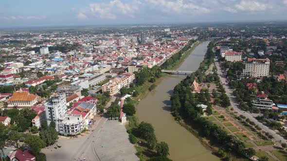 Aerial View of the old city center of Battambang, Cambodia. alt