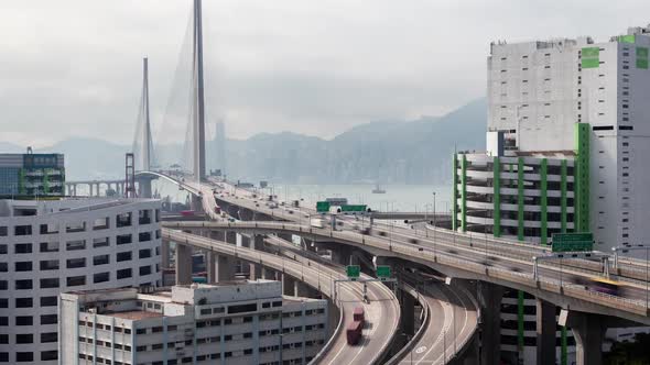 Timelapse Heavy Traffic on Hong Kong Stonecutters Bridge alt