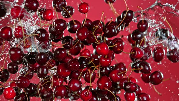 Super Slow Motion Shot of Flying Fresh Cherries and Water Side Splash at 1000 Fps alt