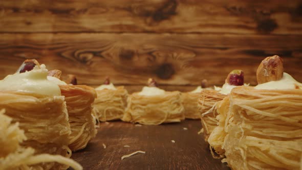 Eastern Sweets Baklava on Wooden Background Zoom in Video