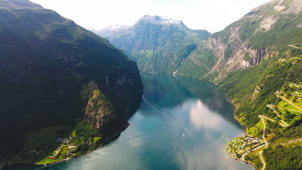 Panoramic drone landscape of Geiranger fjords, Geirangerfjord, Norway alt