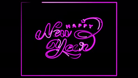 Video 4K animation New Year neon letters glow on black splash background.