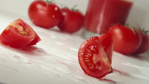 Ripe Tomato Falls On A Table, Splashing Drops And Burst On Slices. Fresh Tomato Juice
