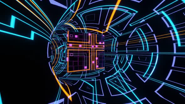 Vj Loop Animation Of A Glowing Cube Flying Through An Endless Sci Fi Tunnel 02 alt