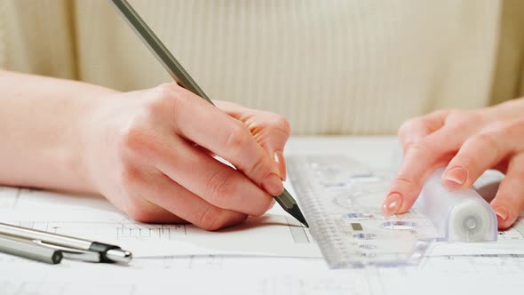 Architect Designer Drawing Plan Blueprint Closeup alt