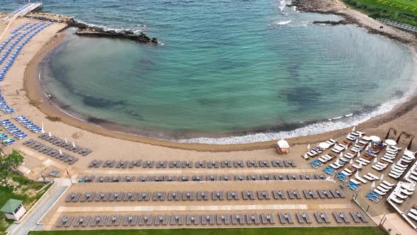 Beach Infrastructure of hotels aerıal vıew Turkey Alanya 4K alt