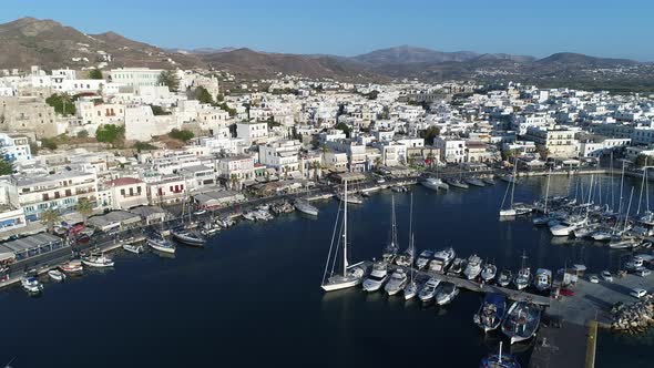Port of Chora on the island of Naxos in the Cyclades in Greece aerial view alt