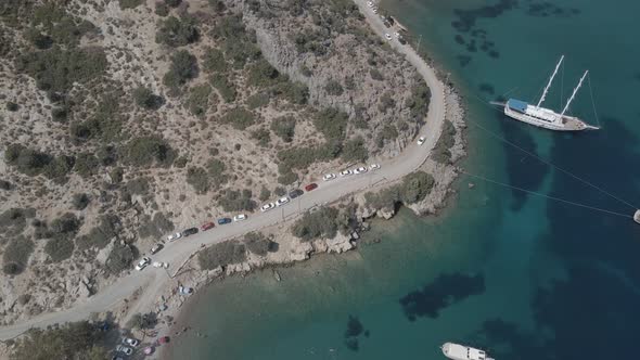 aerial view of a beautiful beach and boats