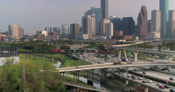 Aerial of cars on 45 North freeway near downtown Houston alt