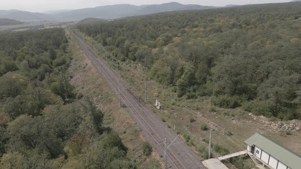 Aerial view of empty Railway lines in Samtskhe-Javakheti region of Georgia. alt