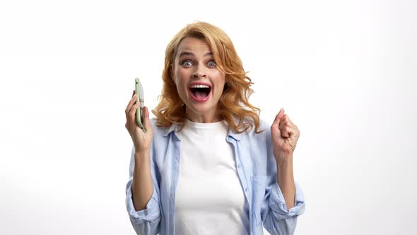 Surprised Happy Woman Feel Happiness Hold Phone with Voice Message Amazement alt