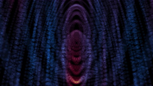 Abstract blue and red shiny particles forming rings and effect of deep tunnel alt