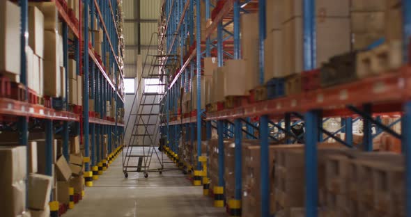 Empty warehouse with multiple boxes on shelfs with ladder on floor alt