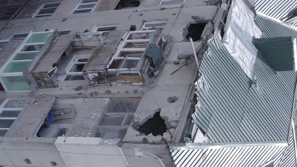 Vertical Video of a Building Bombed During the War in Makariv Ukraine alt