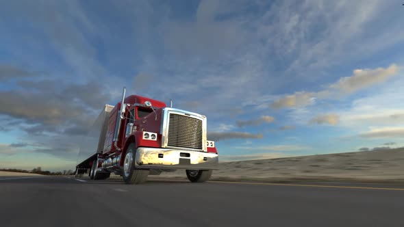 Oncoming huge semi-trailer truck riding on the highway. Closeup animation. HD alt