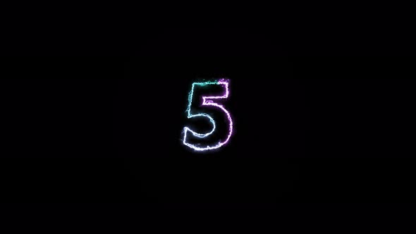 Five second countdown with modern sparkling electric shock glowing numbers