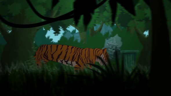 The alone tiger is running in the dense tropical rainforest in the morning. alt