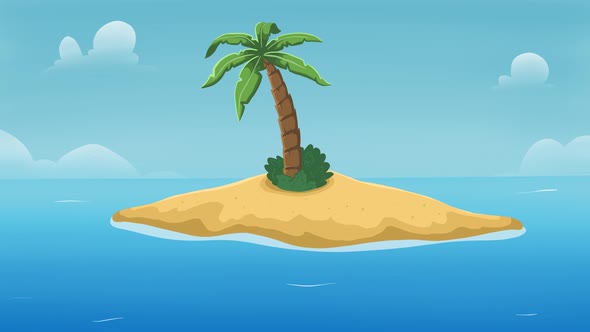 Animation of solitary island with palm tree and bush.