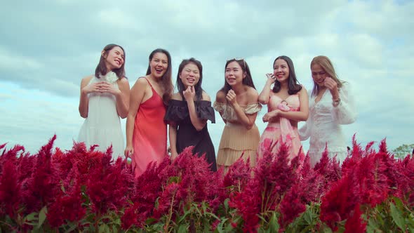 group of asian female friend woman walking in red blossom flower sunset moment