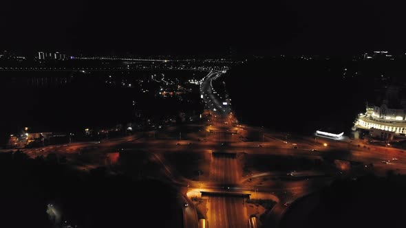 Aerial Drone Footage of Night Kyiv. Road Junction at Night alt