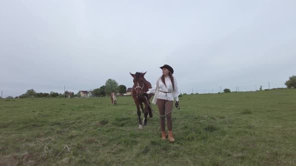 Young woman wearing brown hat leads a brown horse across the field