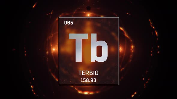 Terbium as Element 65 of the Periodic Table on Orange Background in Spanish Language