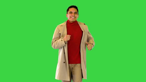 Joyful Man Run Dressed in Trendy Trench Coat Happy Smiling Ethnic Young Guy Hurry Up on Meeting on a