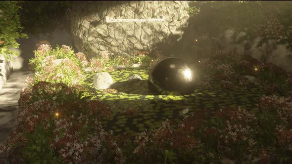 Warm Sunshine and Fireflies Flying Everywhere 3d Abandoned Ruined Fountain