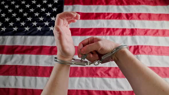 Hands in Handcuffs Against the US Flag Unlocking Handcuffs and Putting Them Off alt