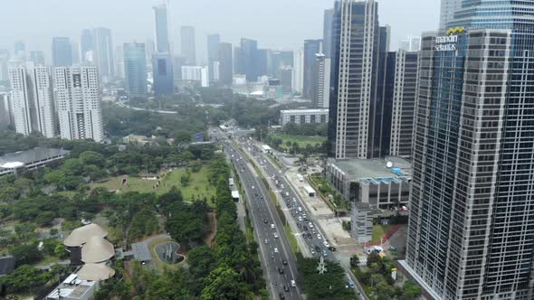 Aerial view of cityscape and skyscrapers buildings in Jakarta